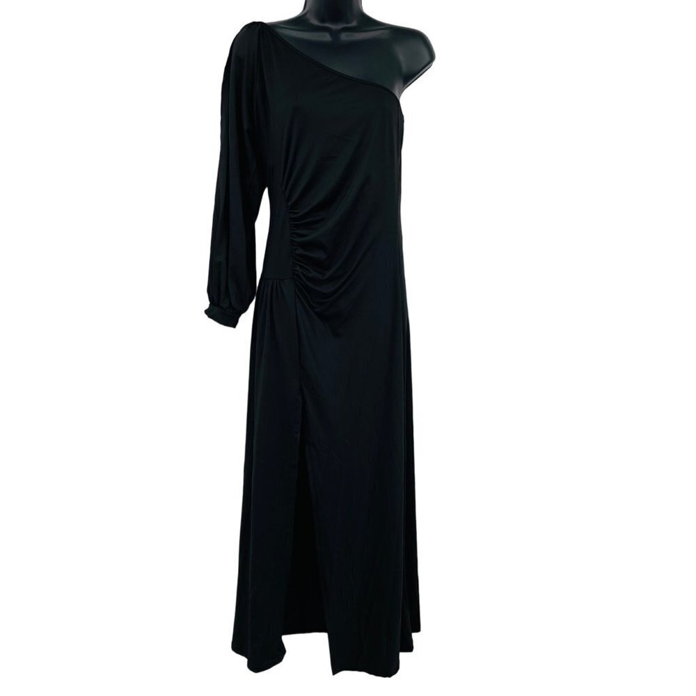 New CBR One Sleeve Maxi Dress Size M Side Slit Black Cold Shoulder‎ Ruched